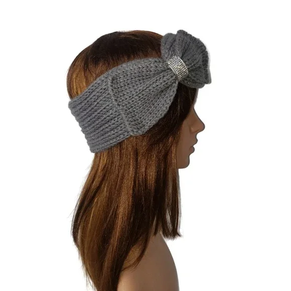 Gray Crochet Headband with Rhinestone Detail Bow - Picture 6 of 8